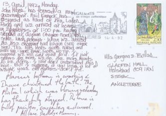 James Jennifer Georgina – Postcard stamped on Monday, April 13, 1992
