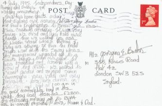 James Jennifer Georgina – Postcard stamped on Tuesday, July 4, 1995