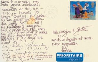 James Jennifer Georgina – Postcard stamped on Saturday, November 21, 1998